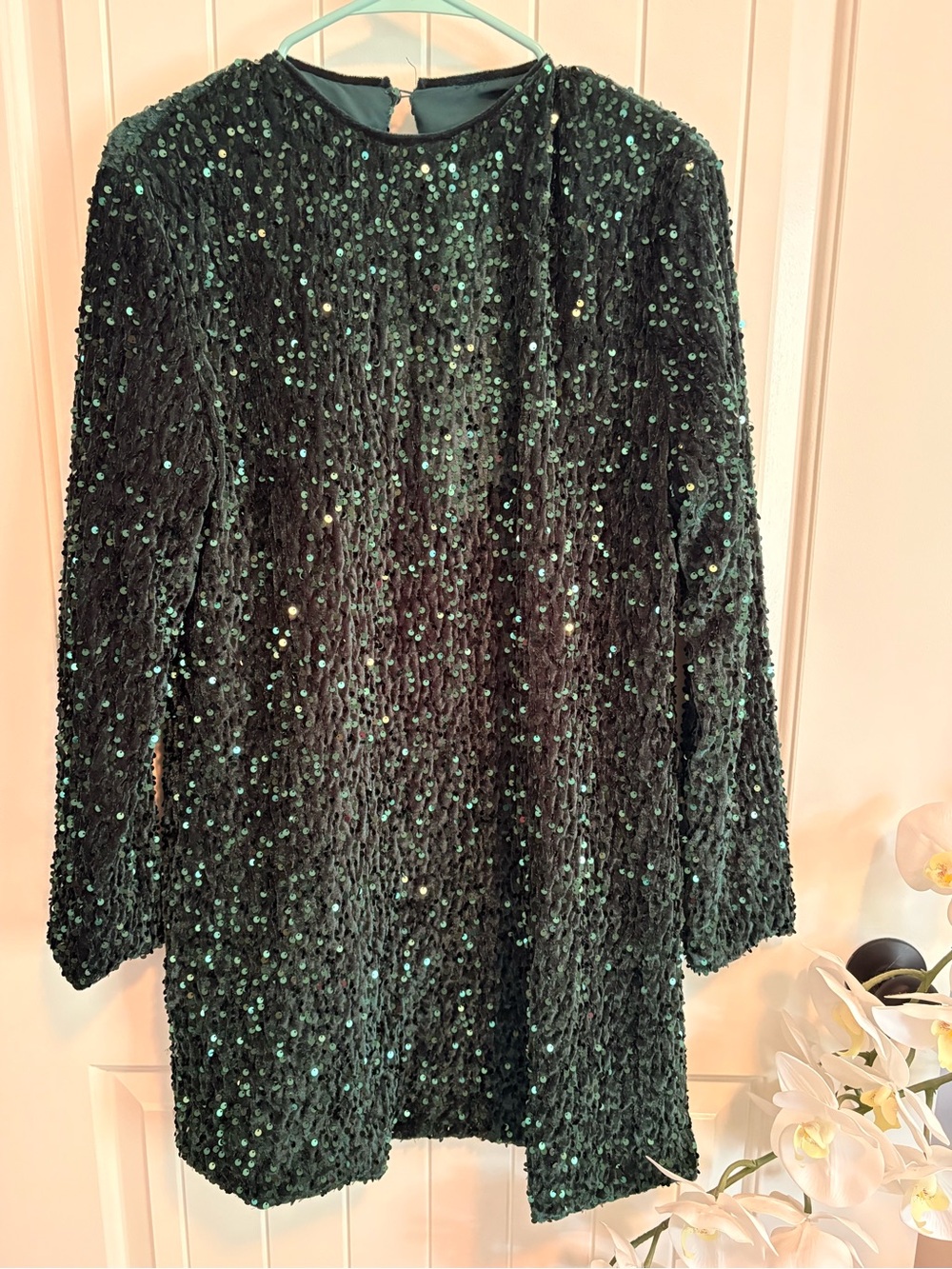 Boutique Emerald Green Sequin Long Sleeve Shift Mini Dress Large